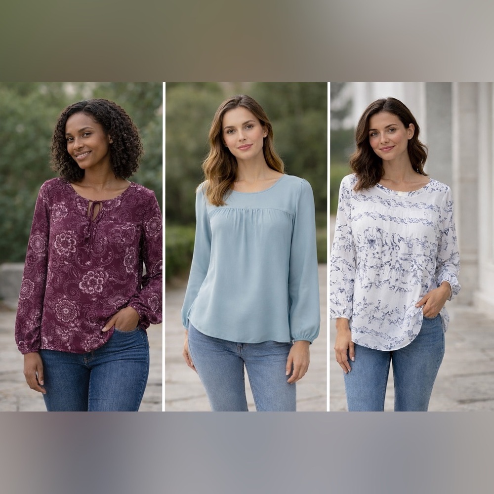 Women's Bundled Long-Sleeve Officewear Blouse Trio Dusty Blue Plum & White Print